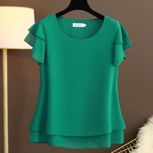 6XL Plus Size 2021 Summer Chiffon Shirts Fashion Short Sleeve Round Neck Elegant Ruffles Loose Casual Blouse Stylish Solid Tops