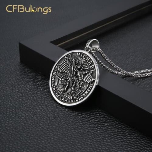 CFBulongs Retro Saint Michael Archangel Medal Coin Necklace Pendant Fashion Stainless Steel Round Medal Pendant Men Jewelry