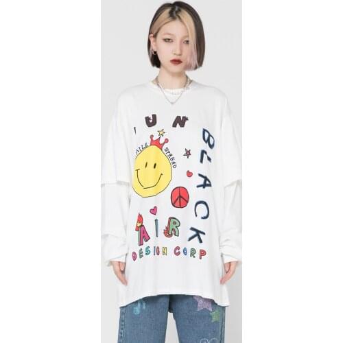 Oversized T shirts Men Streetwear Hip Hop Smile Face Print Fake 2 Pieces Distressed Long Sleeve Tees Shirts Harajuku Couple Tops