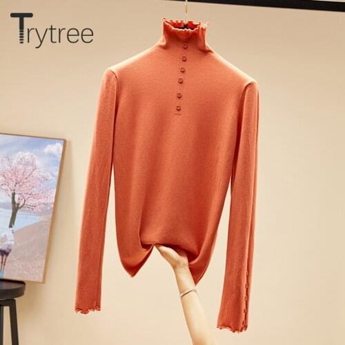 Trytree Autumn White Casual Women T-Shirt Turtleneck Button Solid Ruffles 5 Colour Pullovers Fashion All-Purpose Style T-shirts