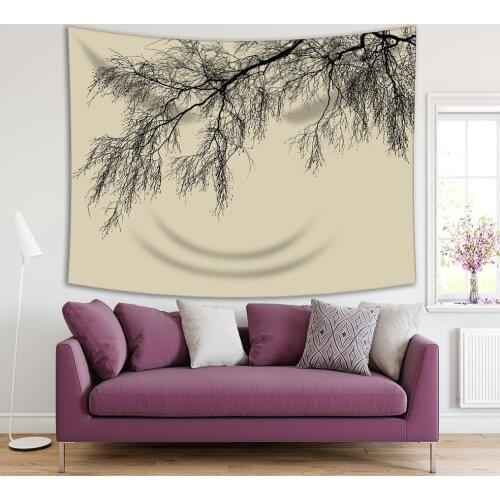 Tapestry Tall Birch Tree Old Branches Silhouette Forest Nature Beige and Black Realistic Illustration