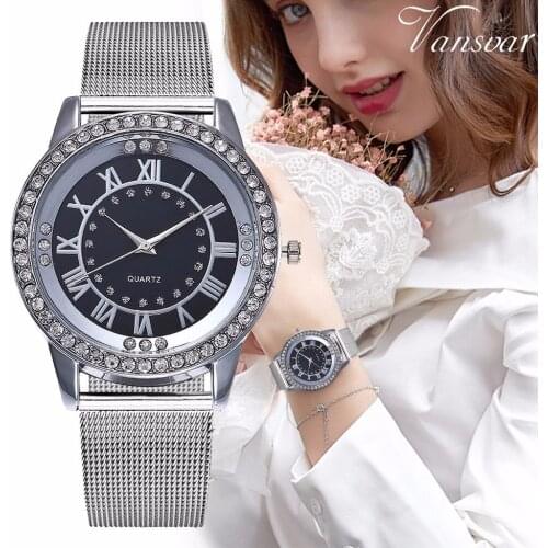 Hot Sale Women Rhinestone Watch Casual Silver & Rose Gold Stainless Steel Mesh Watches Clock For Dropshipping