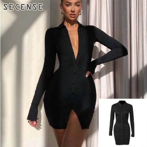 Cardigan Dress Women Slim Deep v Turn Down Collar Ruched Dress Button Party Mini Bodycon Fashion Women Clothing SECENSE