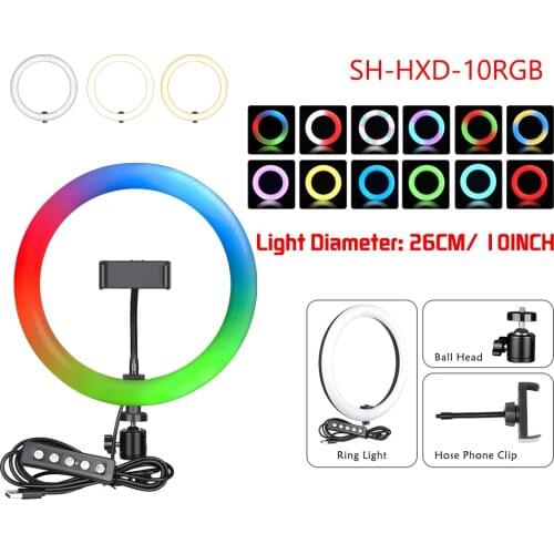 SH 10inch/26cm Desktop RGB Ring Light With Tripod Stand Usb Charge Selfie Dimmable Video Lamp For Photo Photography Studio