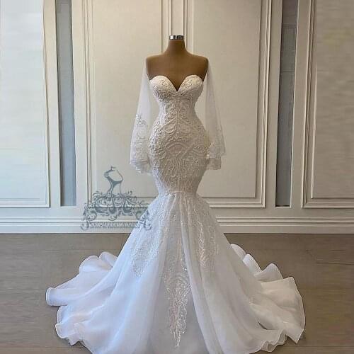 Pretty White Lace Beading Pearls Mermaid Wedding Dresses Custom Made Elegant Sweetheart Long Sleeves Ruffles Bridal Gowns