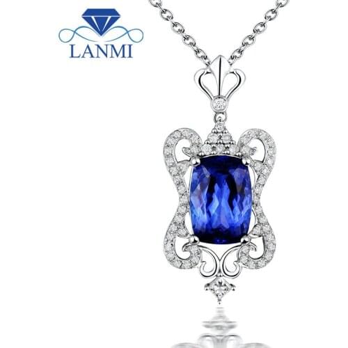 LANMI Tanzanite Pendants Neckalce Solid 14K White Gold Genuine Diamond Cushion Cut Design Natural Tanzanite Pendant For Daughter