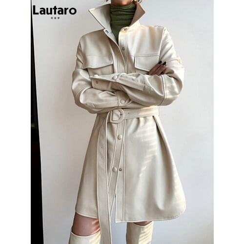 Lautaro Spring Autumn Thick Soft Faux Leather Jackets for Women Drop Shoulder Long Sleeve Belt Pockets Stylish Casual Fashion