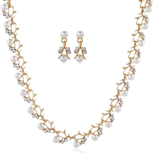 Fashion Luxury Exquisite Bride Earrings & Necklace Set Rhinestone Faux Pearl Cutout Leaves Choker & Earring Jewelry Set