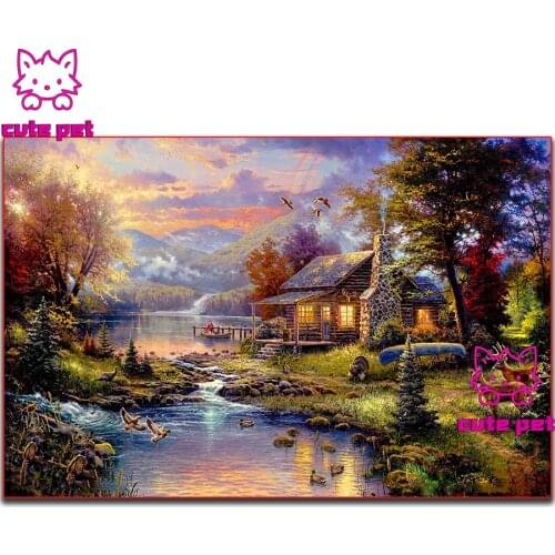 Classic European scenery oil painting diamond painting set handmade embroidery full square drill Tree river mountain house decor