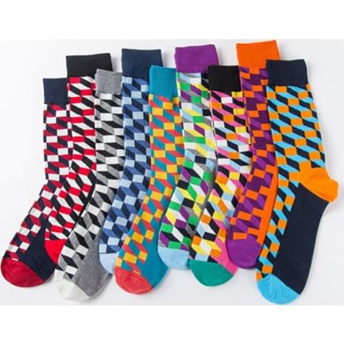 Women Personality European Version Couples Socks Funny Happy Socks Cotton Plaid Geometric Lattice Striped Men Socks Female
