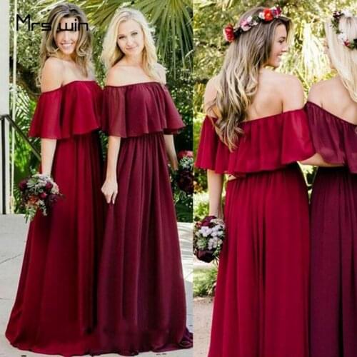 Mrs win Bridesmaid Dresses Dark Red Chiffon Ruffles Elegant Wedding Party Gowns HR255 Plus Size A Line Long Vestido Madrinha