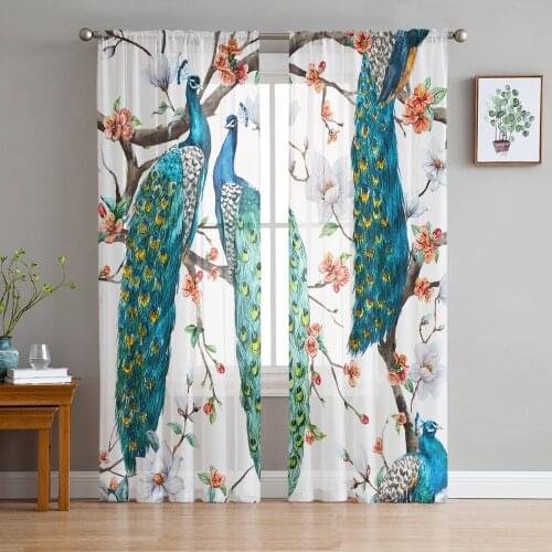 Three Peacocks Standing On A Branch Sheer Curtains for Living Room Kitchen Tulle for Windows Voile Yarn Curtains for Bedroom