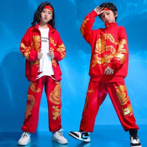 New Years Day Childrens Festive Performance Clothes Chinese Style Red Childrens Hiphop Dance Performance Clothing Hip Hop