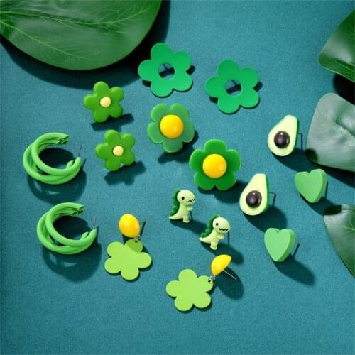 FNIO New Fashion Retro Green Earrings Personality Heart Avocado Flower Dinosaur Alloy Studs Earrings For Women Jewelry