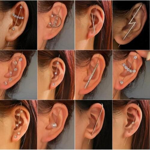1 Pc New Ear Needle Wrap Crawler Hook Earrings for Women Surround Auricle Diagonal Stud Copper Inlaid Zircon Piercing Earrings
