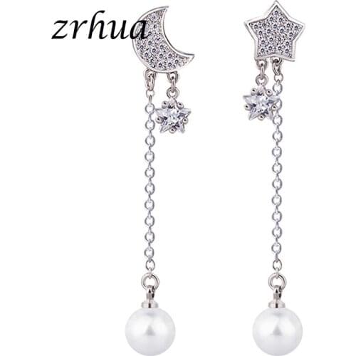 ZRHUA 925 Sterling Silver Drop Earring Women Jewelry Shiny Moon Star Pendant with Ear Wire Chain Earrings Girls Christmas Gift