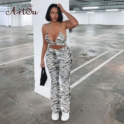 Artsu Tiger Print Women 2 Piece Set Halter Crop Top Hollow Out Flare Pants Bell Sexy Party Club 2021 Summer Outfit Clothes 82982