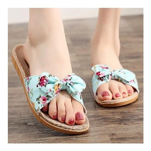 Bohemia Slippers Women Flip Flops Female Bowknot Flax Linen Flip Flops Beach causal Shoes Women Sandals Slipper Bedroom