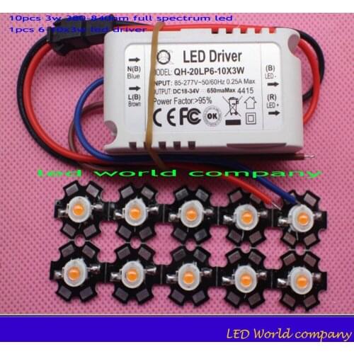2017 New Arrival , 10pcs 3w full spectrum led 380-840nm led chip+1pcs6-10x3W 600mA DC18-34V LED Power Supply Constant Current