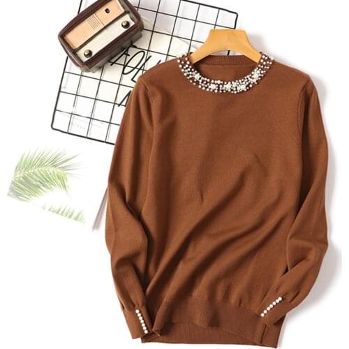 Solid Color Sweaters Women Beads Decor O Neck Sweaters for Women Faux Pearl Cuff Knitted Sweater Pullovers Knitwear pull femme