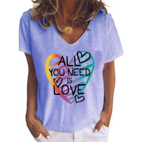 Tops Women V neck heart-shaped Letter Print Casual Short Sleeve Cotton Pullover Tees Summer Slim Streetwear Woman T-shirt 2021