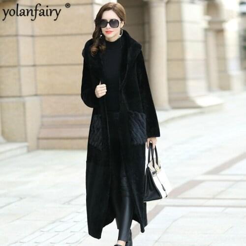 YOLANFAIRY Quality Wool Double Faced Fur Coat Women Winter Warm Thick Fur Jacket Mink Fur Pocket Abrigos De Mujer BT7333 MF360