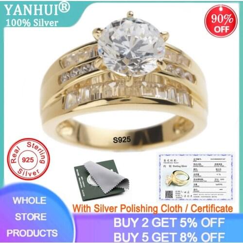 YANHUI With Certificate 100% Original 925 Silver Gold Color Fashion Rings European Brand Big 2.0ct Cubic Zircon Rings for Women