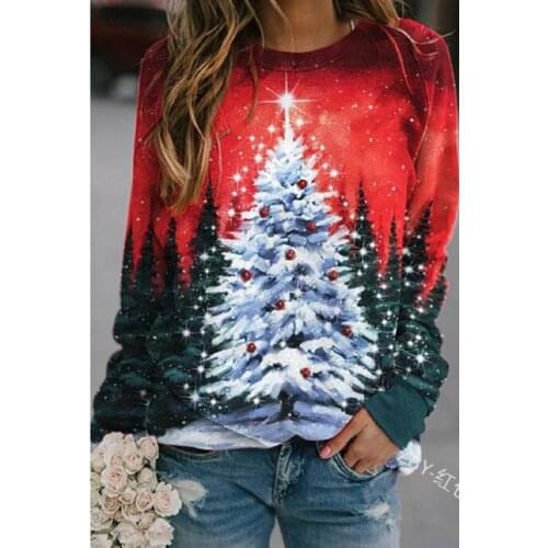 Summer T Shirt Women Christmas trees printed long-sleeved round collar T-shirt Female Tee Tshirts dropshipping XCY6109