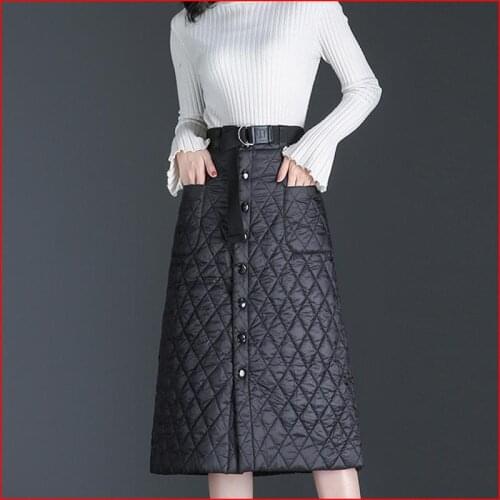 Women 2020 Autumn Winter Casual Thick Warm Skirts Female Chic Sashes Solid Color Skirts Ladies Slim Down Cotton A-line Skirt J06