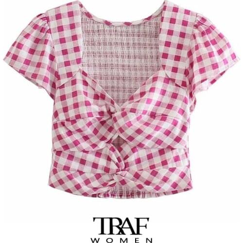 TRAF Za Women Fashion Hollow Out Check Cropped Blouses Vintage Short Sleeve Back Elastic Female Shirts Chic Tops