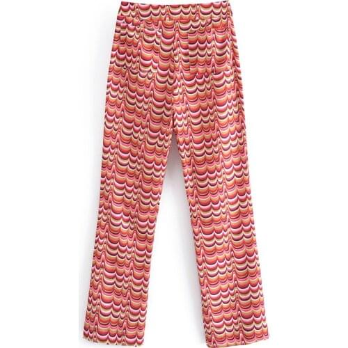 Za 2021 Women Vintage Geometric Print Pants High Waist Zipper Straight Pants Elegant Stylish Trousers Women