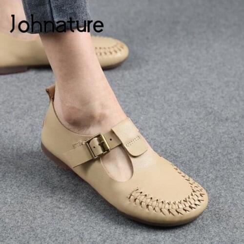 Johnature Flats Women Shoes Genuine Leather 2021 New Spring/Autumn Buckle Strap Round Toe Handmade Shallow Leisure Ladies Shoes