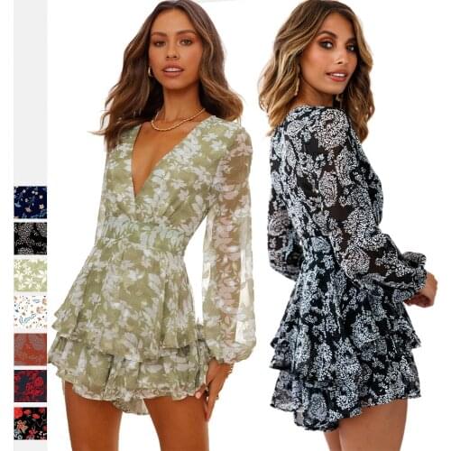 Womens Deep V-Neck Floral Print Romper Jumpsuits Long Sleeves Double Layer Ruffle Hem Playsuit with Belt