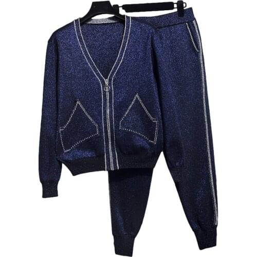 2020 Autumn 2 piece sets Women Cardigan Fashion Bright silk Long sleeve Knitted Sweater + Casual Pants Ladies Tracksuit Set H697