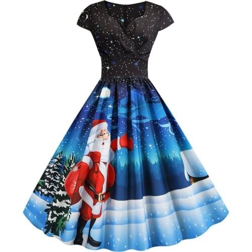 Santa Claus Print Vintage Women Elegant Christmas Party Dress Robe Femme Plus Size 3XL Casual V Neck Winter Midi Vestidos