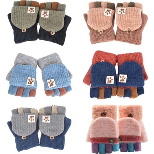 Toddler Kids Winter Knitted Fingerless Contrast Color Gloves Thick Warm Outdoor Writing Convertible Flip Top Half Finger Mittens