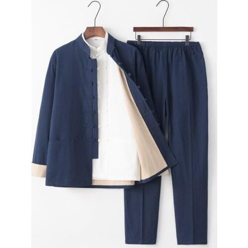 3Pcs Chinese Style Tang Suit Men Hanfu Oversize Suit Chinese Retro Disc Buckle Stand-Up Collar Linen Kung Fu Uniform