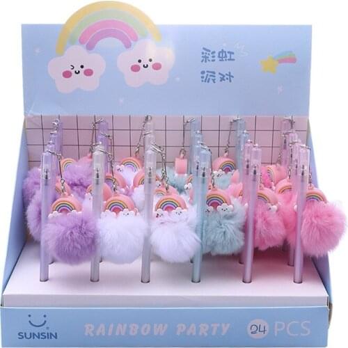 36 pcs/lot Rainbow Party Ball Plush Pendant Gel Pen Ink Signature Pen Promotional Gift Stationery School & Office Supplies