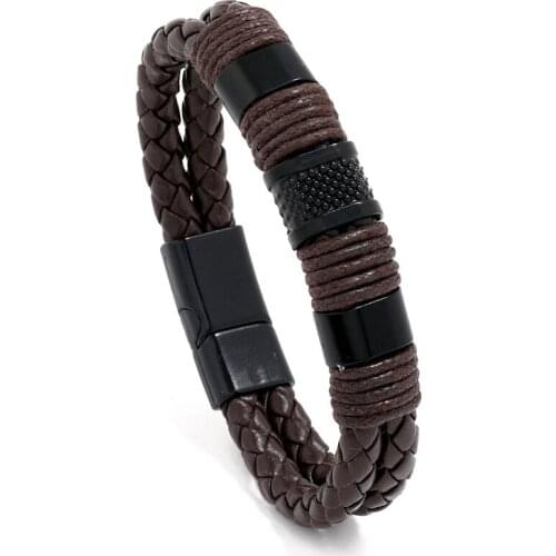 Jessingshow Vintage Brown Leather Bracelet Men Alloy Magnetic Clasp Bangle Goth Wristband Male Jewelry Halloween Christmas Gift