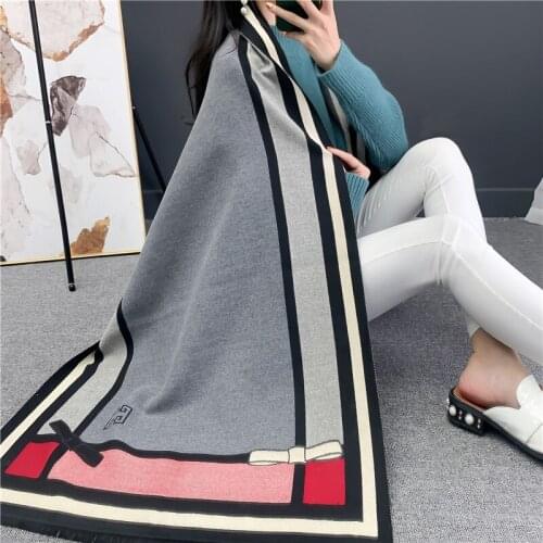 Korean Bow Thermal Jacquard Shawl Classic Color Matching Cashmere Like Thickened Fleece Scarf Womens Fashion 180*70cm
