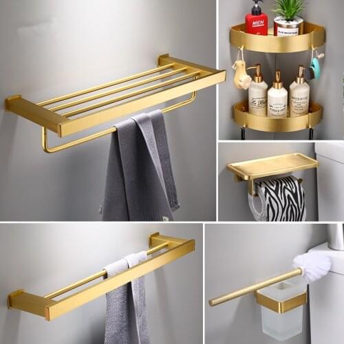 Bathroom Accessory Set Space Aliminum Towel Ring Wall Mounted Toilet Roll Paper Hodler Robe Hook Brushed Gold Towel Rack Shelf