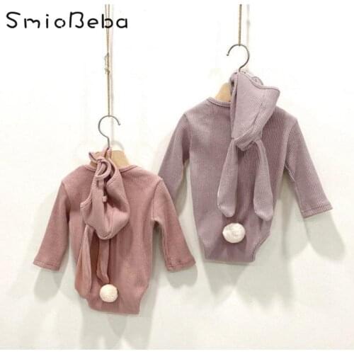 Autumn Korean Baby Romper 3PCS Sets Clothing Pure Cotton Pit Thread Rabbit Ear Triangle Creeper Bodysuit+Hats+Socks Linen Roupa