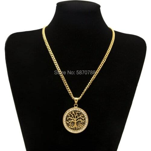 Hip hop Family tree of life gold coin pendant necklace stainless steel cuban chain engrave necklace