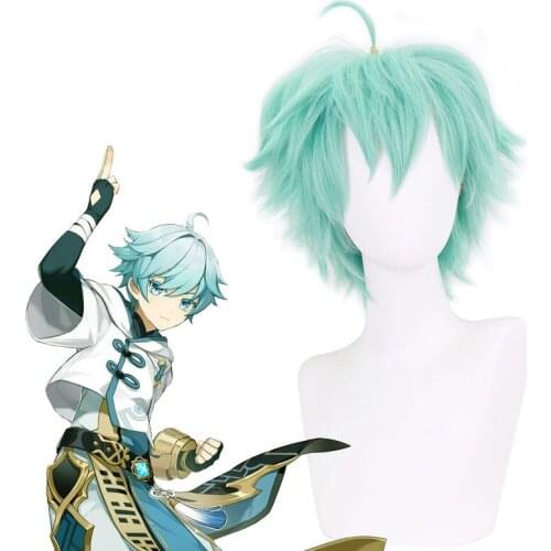 New Genshin Impact Cosplay Chongyun 30cm Ice Blue Wig Cosplay Unisex Anime Cosplay Wigs Heat Resistant Synthetic Wigs Halloween