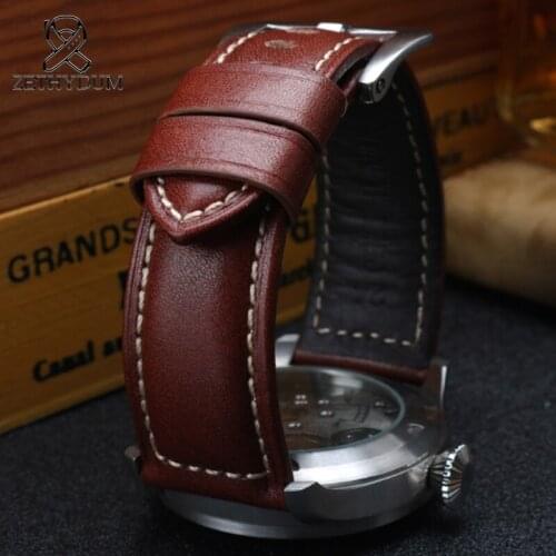 EACHE High Quality Vintage Genuine Leather strap 22 24 26mm Handmade 5 Color Watch Accessories Straight End leather Watch Band