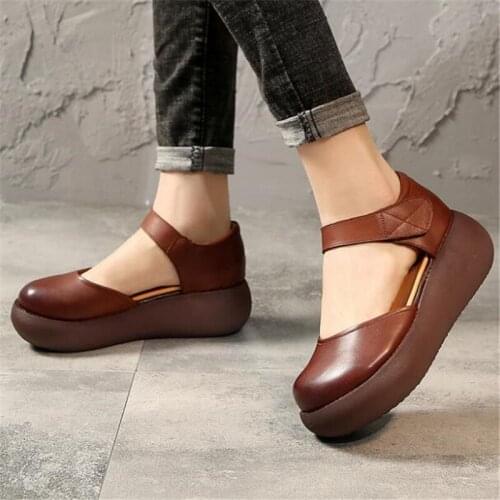 2020 Summer New Thick Bottom Fashion Retro Sandals Women Casual Sandals Genuine Leather Sandals Soft Comfort High Heel Sandals