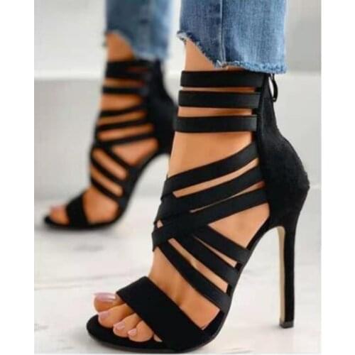 2021 Summer New Style Elastic Band Fashion Black Slippers Fish Mouth High Heel Solid Color Thin Belt Profession Sandals Women