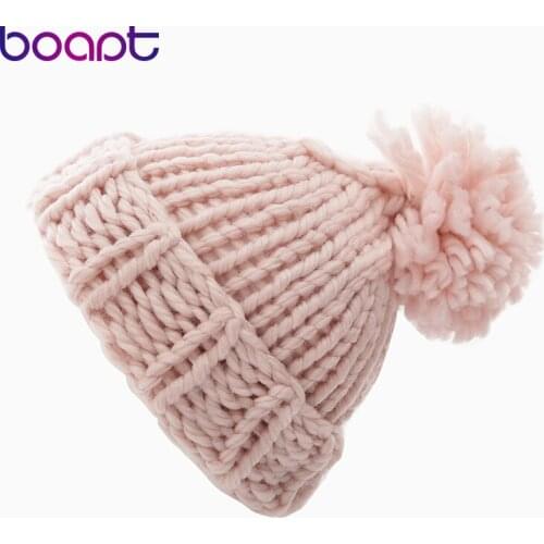 Unisex Coarse Wool Hats Winter Warm Handmade Faux Fur Pompon Ball Beanies Knitting Caps Casual Brand Skullies Hats For Women Men