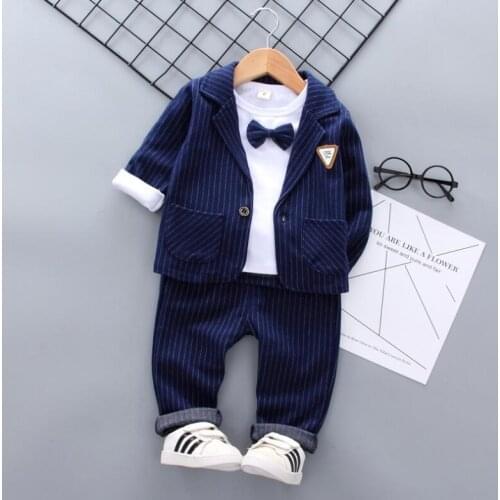 Spring Autumn Boys Party Clothing Set Fashion Coat+Bow Shirt+Pants 3pcs Kids Boy Striped Outfit Suit Children 1-4Y Clothing