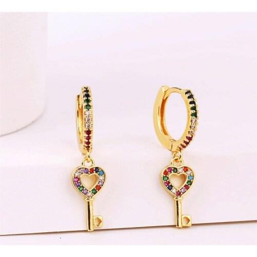 High Quality Gold Color Copper Metal Key Hoop Earrings For Women Girls Fashion Multicolor Cubic Zirconia Hanging Earring Jewelry